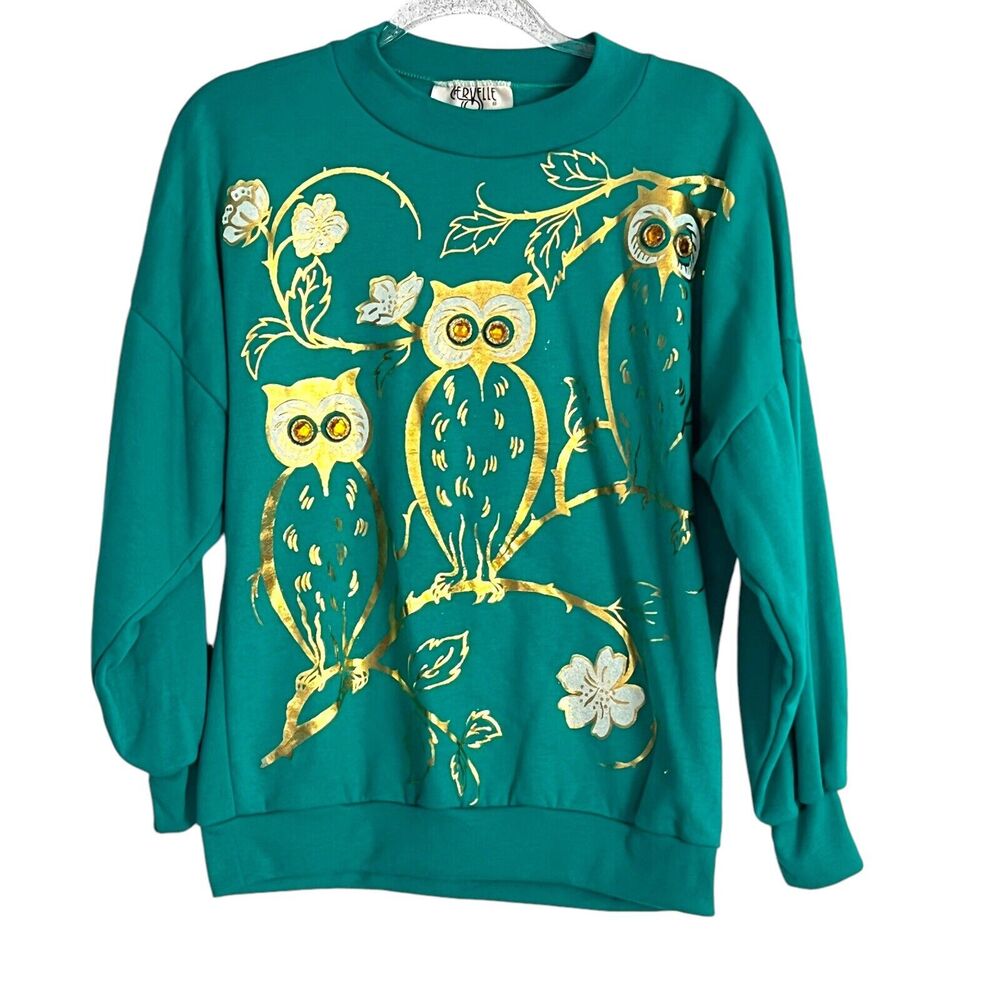 Cervelle Owl Sweatshirt Women Size M USA Made Vintage 80s 90s Gold Teal Granny